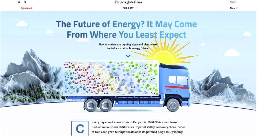 Image: 'Future of Energy' misleading native advertisement (s. Oil companies, misleading ads, climate disinformation)