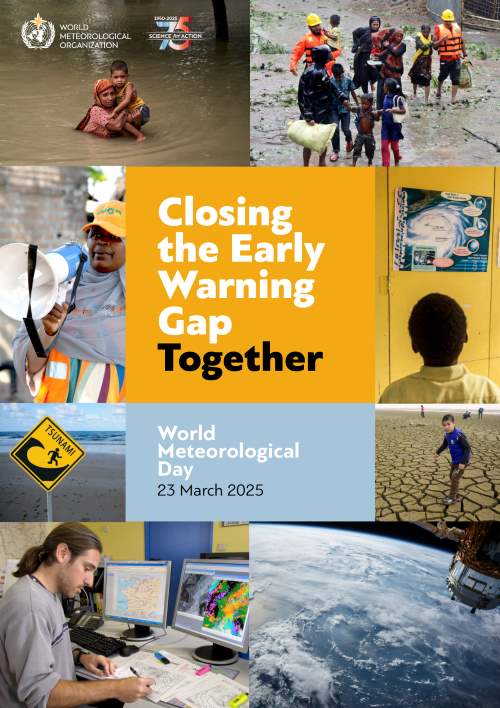 Image:  WORLD METEOROLOGICAL DAY 2025 POSTER (s. closing the early warning gap together, climate)