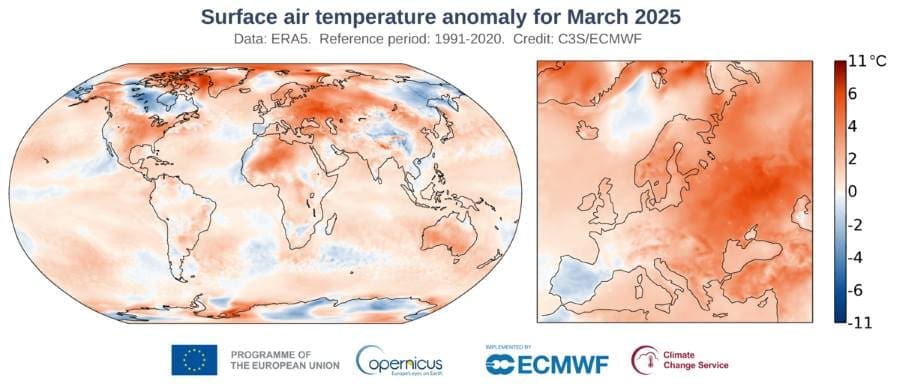 Image: Infographic with world map showing surface temperature anomalies recorded in March 2025 compared to the average temperatures from 1991 to 2020, based on data from Copernicus (s. heat, climate change)