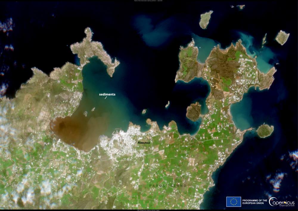 Image of the day: Sediment plume stains Aegean Sea off Paros Satellite Image: Storm-induced sediment plume near Paros, Greece