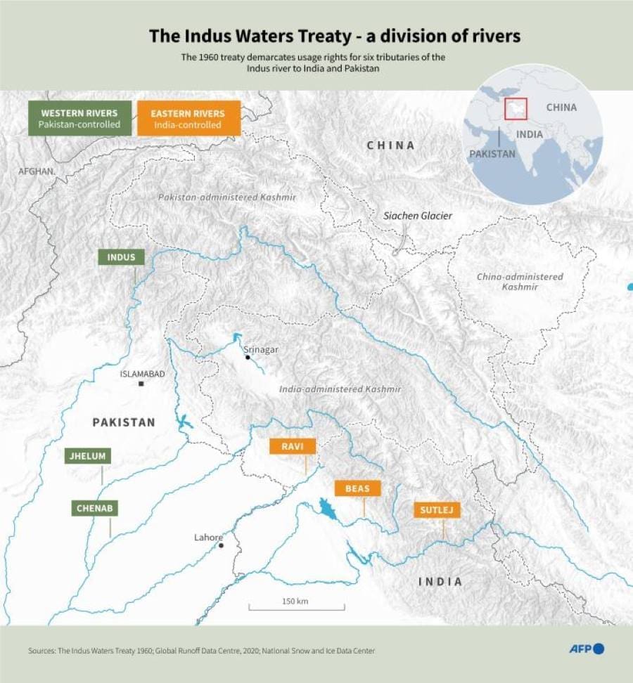 Infographic map showing the rivers in The Indus Waters Treaty 1960, between India and Pakistan