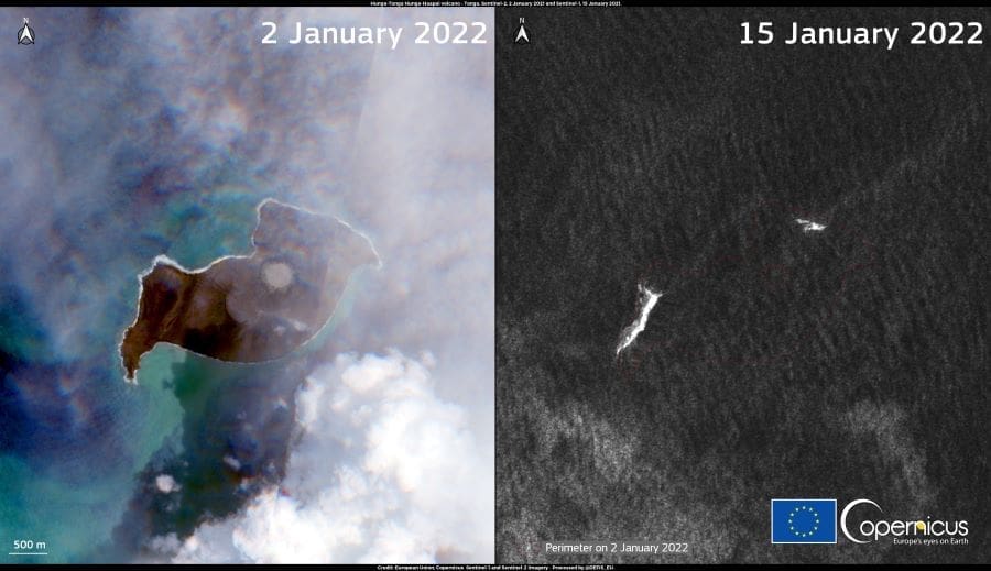 Satellite Image: Hunga Tonga-Hunga Haʻapai volcano erupts in the Tonga Archipelago (s. science, Muser)