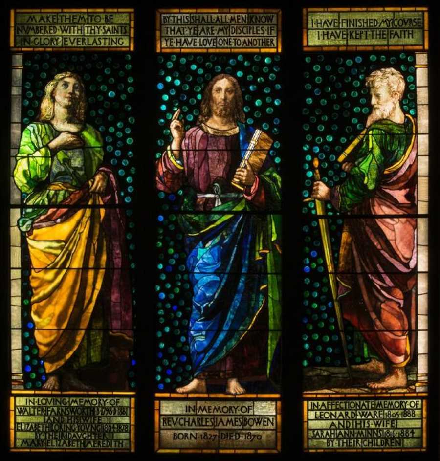 Image: Christ between the Apostles John and Paul (Christ Preaching) Stained glass by John La Farge (s. Christian, climate change, religion)