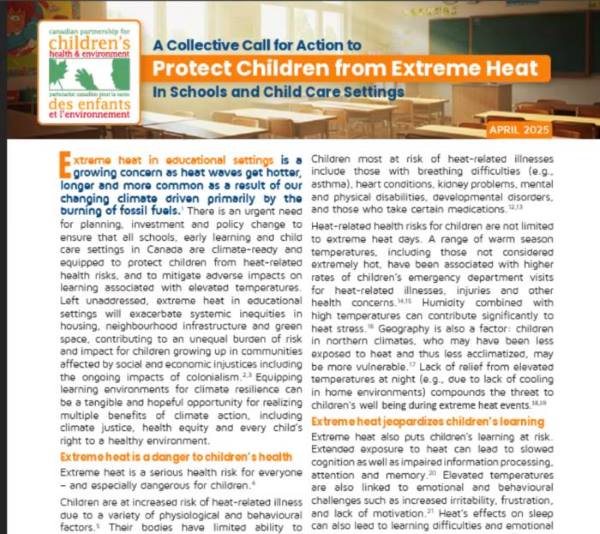 Canadian experts urge protection for children from escalating heat in schools and child care settings Image: Call to Action (Canadian Partnership for Children’s Health and Environment / Canadian Child Care Federation)