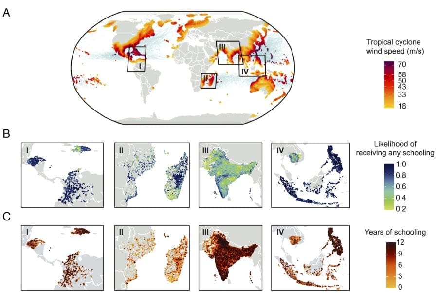 Tropical cyclones linked to lost schooling for thousands of children Image: Description of data (s. climate change, school, children, cyclones)