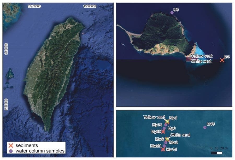 Microorganisms use secret carbon pathway to thrive at hydrothermal vents Image: Sampling location of the yellow vent (YV) and the white vent (WV) chosen for this study near Kueishantao off the NE coast of Taiwan (A, B) (s. carbon, microorganisms, hydrothermal vents)