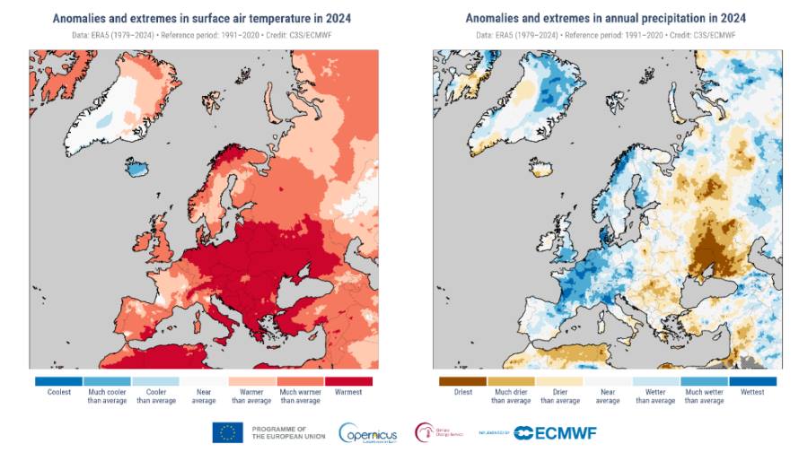Image: Anomalies and extremes in annual surface air temperature in 2024 (Left). Anomalies and extremes in annual precipitation in 2024 (Right) (s. The European State of the Climate 2024 Report)