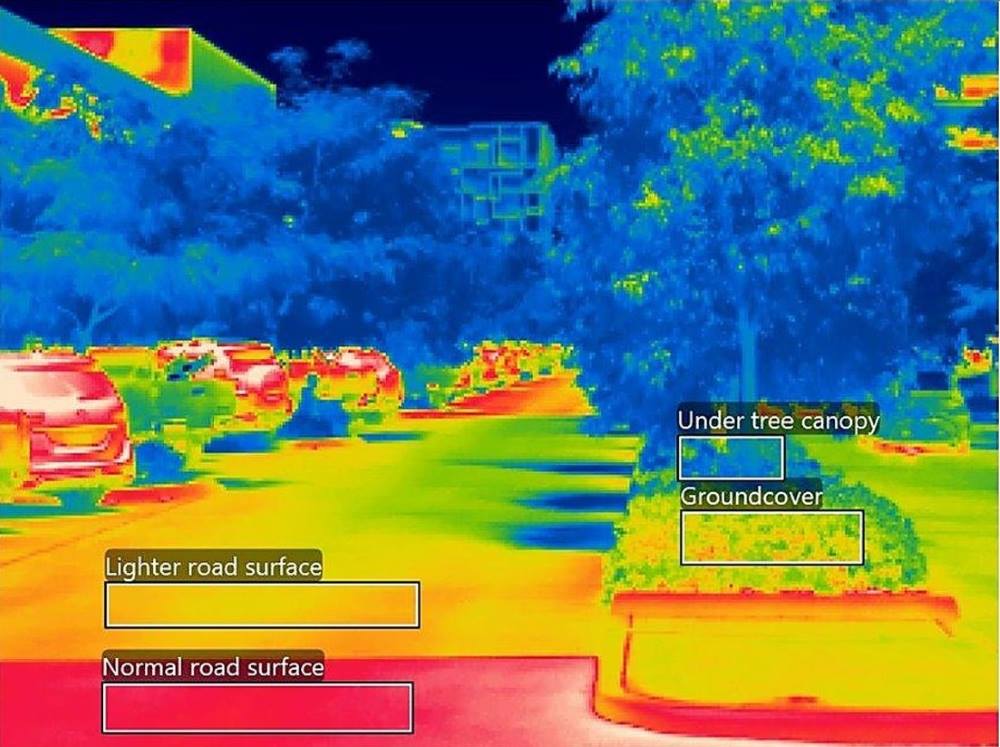 Image: Lighter-coloured roads, ground and tree cover can have a big impact on the amount of radiant heat released from surfaces, as this thermal image of a Darwin streetscape shows (cropped)