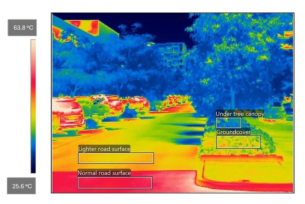 Image: Lighter-coloured roads, ground and tree cover can have a big impact on the amount of radiant heat released from surfaces, as this thermal image of a Darwin streetscape shows (s. climate)