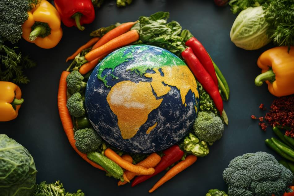 Image: World food day celebration with world globe surrounded by vegetables (food, myths, climate change, plant-based diet)