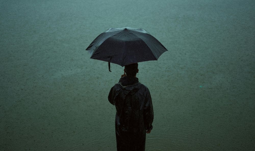 Image: Person in Black Raincoat Holding an Umbrella (s. rain, landslide)