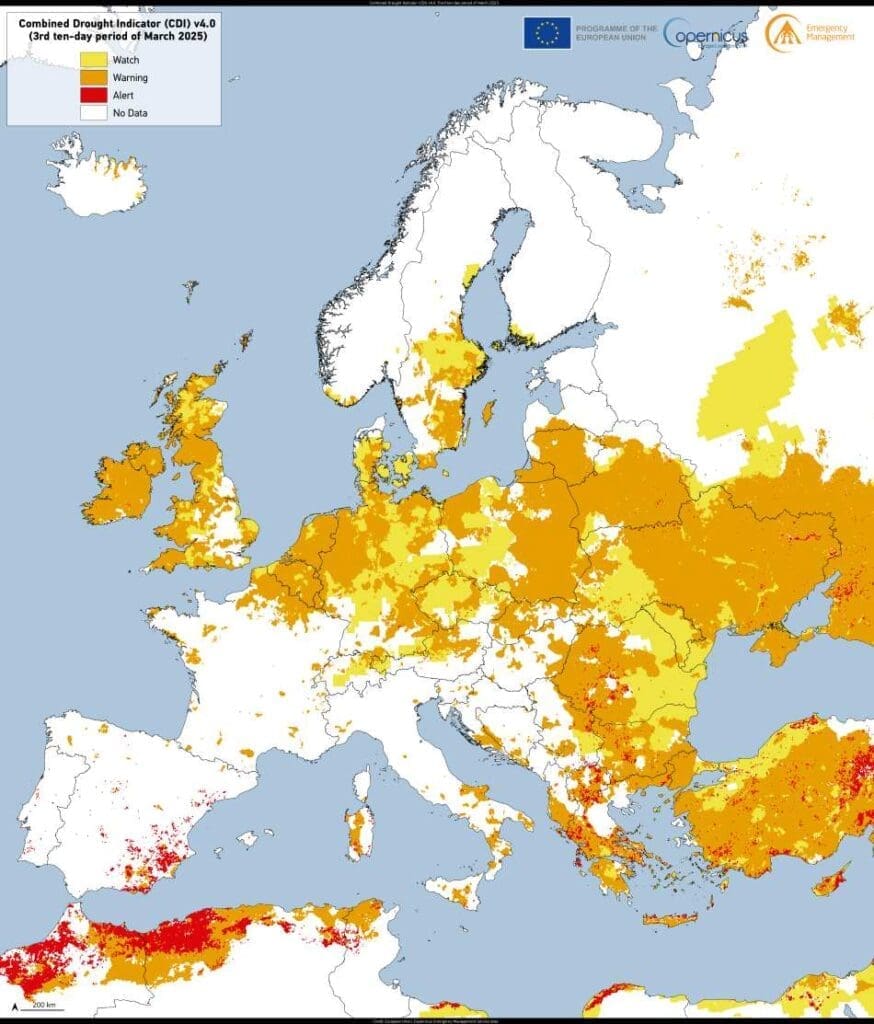 Image: This image, based on data from the Copernicus Emergency Management Service, shows the Combined Drought Indicator for the third ten-day period of March 2025 (s. weather, climate)