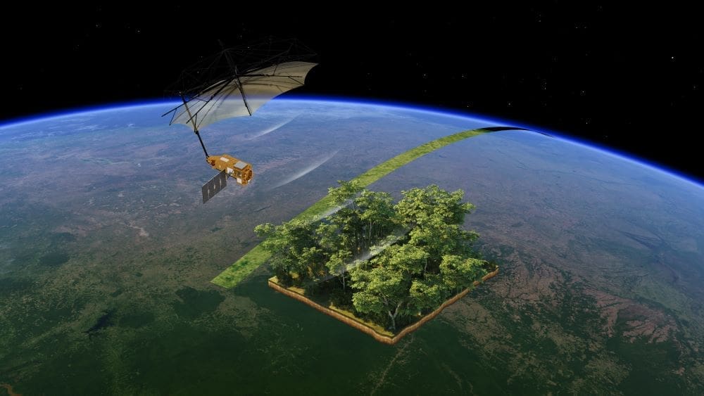 Image: This image is an ESA rendering that illustrates how the Biomass satellite operates in orbit and observes forested regions