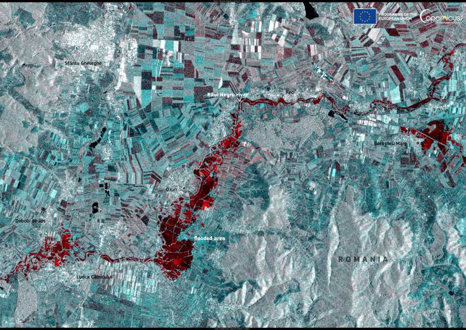 Satellite Image: flooded areas along the Râul Negru tributary of the river Olt in central Romania