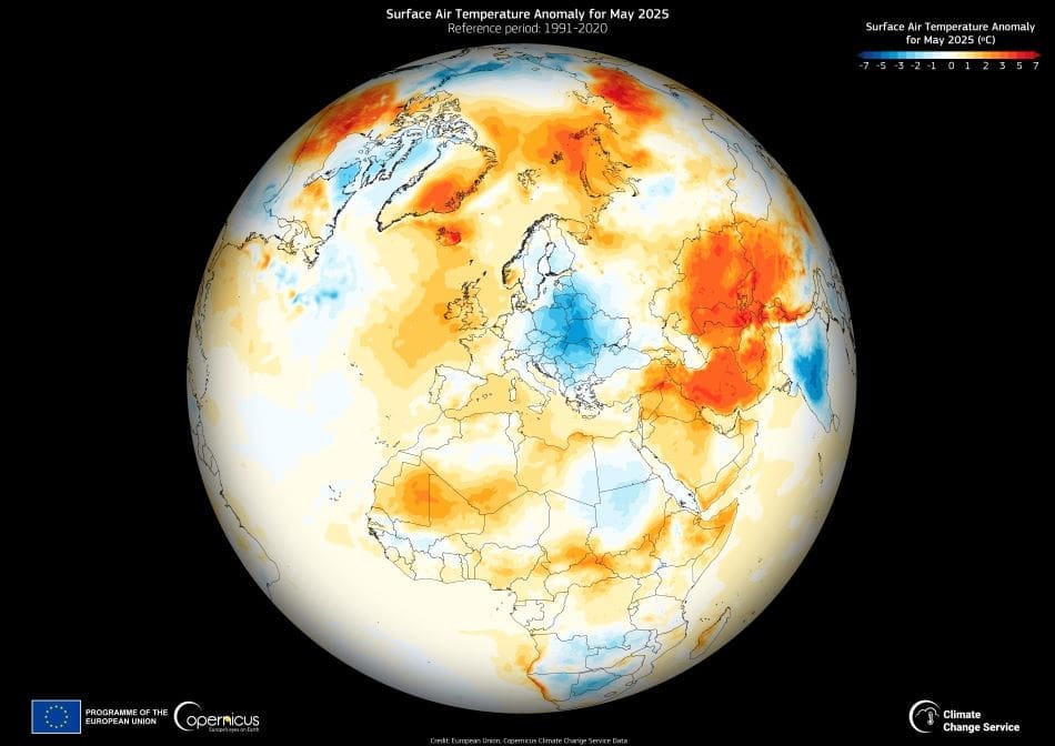 Image: this data visualisation, produced using C3S data, illustrates the surface air temperature anomalies for May 2025 across part of the Northern Hemisphere