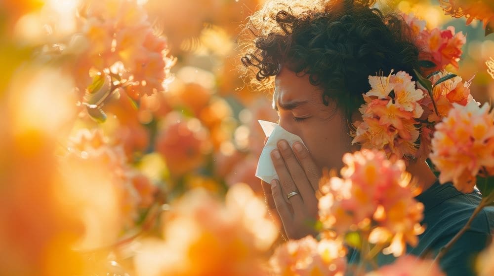 Image: adult blowing their snot in a tissue (AI Gen.) (s. pollen, hay fever, asthma, climate change)
