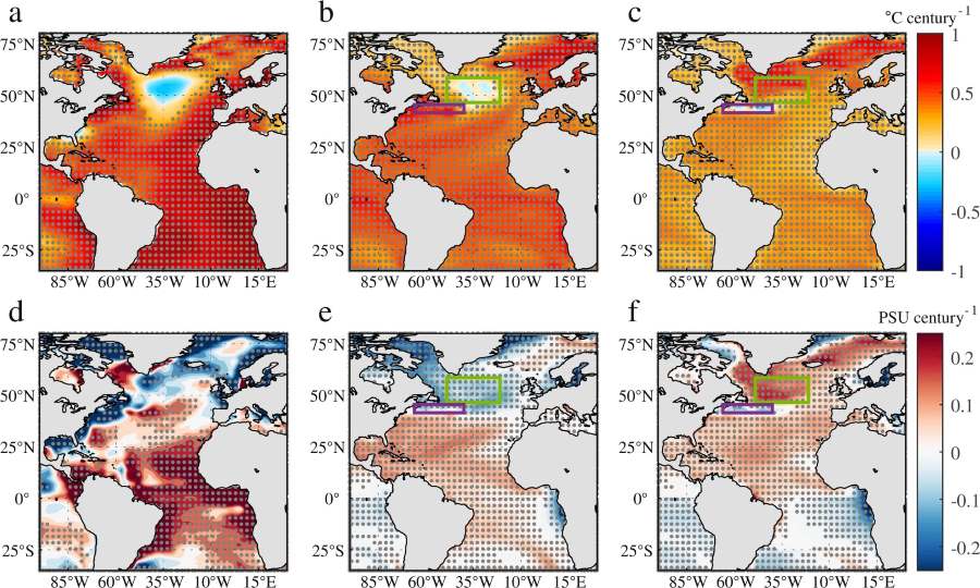 Century-long slowdown of Atlantic circulation explains cold patch south of Greenland Image: Atlantic SST and SSS trends in observations and CMIP5/6 models (s. Greenland, AMOC)