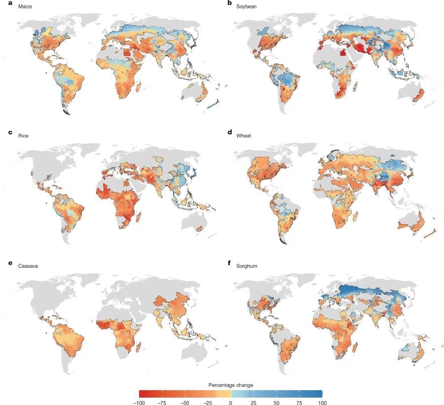 Image: Projected end-of-century change in crop yields resulting from climate change, accounting for adaptation to climate and increasing incomes (illustration, maps)