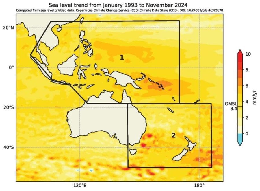 Image: Annual mean sea-level trend (mm/year) in the western Pacific and Australia region