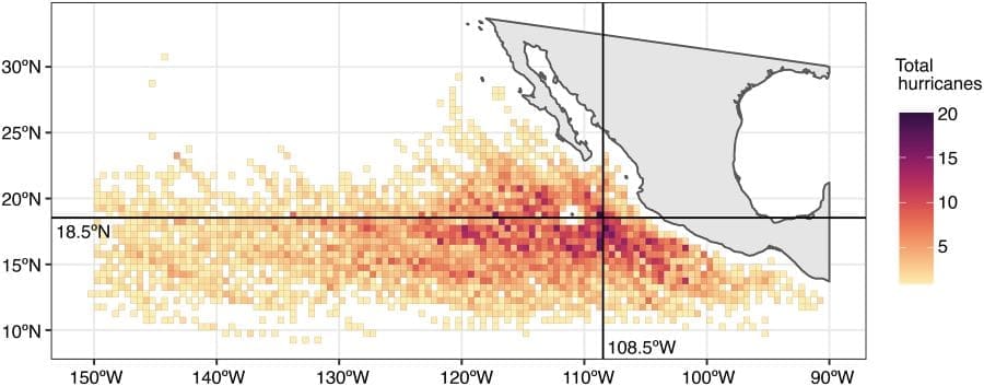 Hurricanes stir deep oxygen-poor waters, fueling microbial blooms Image: Historical hurricane occurrence in the ETNP
