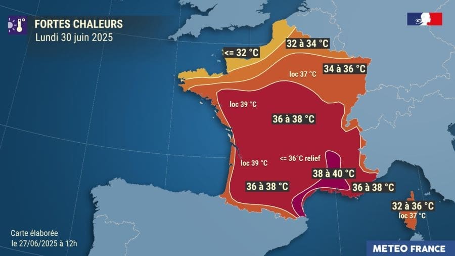 Image: map showing France: Expected temperatures for Monday, June 30, 2025 (s. heatwave)