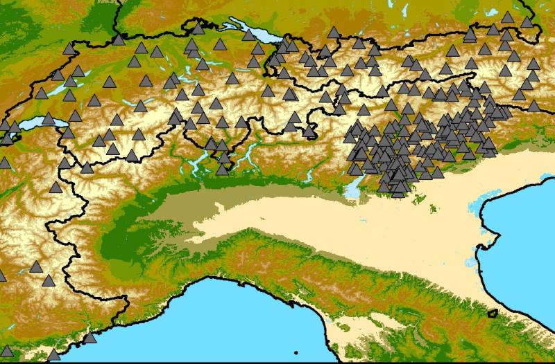 Summer downpours in the Alps could double with 2°C warming, study finds Image: Location of some of the weather stations used for the study