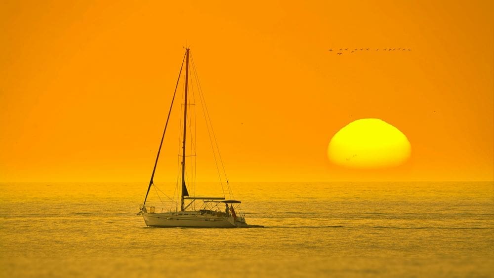 Image: White Boat In The Middle Of The Sea During Sunset (s. Mediterranean Sea)