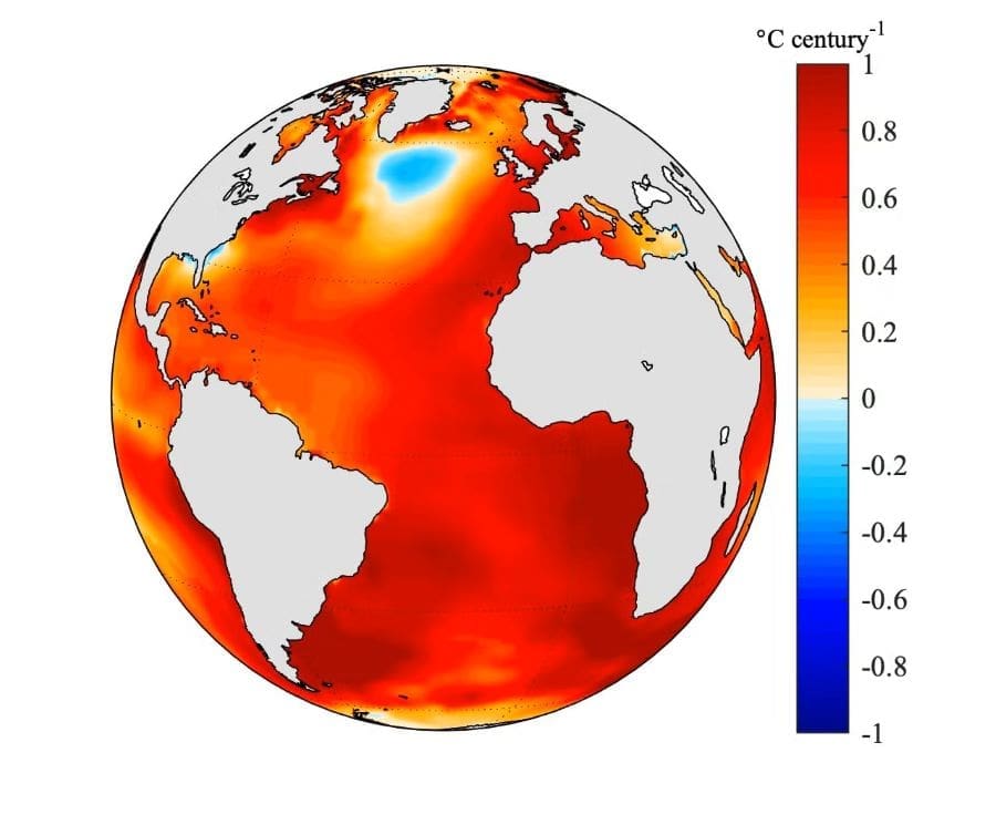 Century-long slowdown of Atlantic circulation explains cold patch south of Greenland Image: Ocean anomaly temperature map
