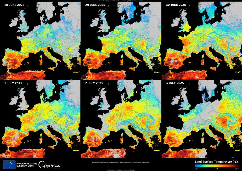 Image of the day: Scorching land temperatures track Europe’s spreading heatwave Image: collage of images showing evolution of the heatwave across Europe from 28 June to 3 July 2025