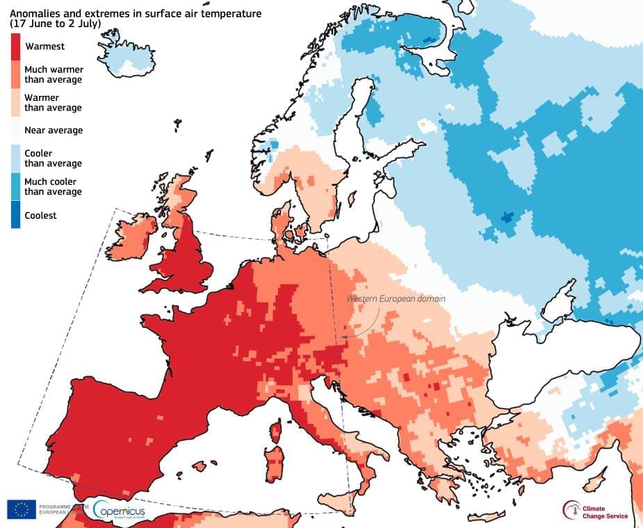 Image of the day: June 2025 breaks heat records across western Europe Image: Europe map (s. June 2025, heatwaves, record, Western Europe)