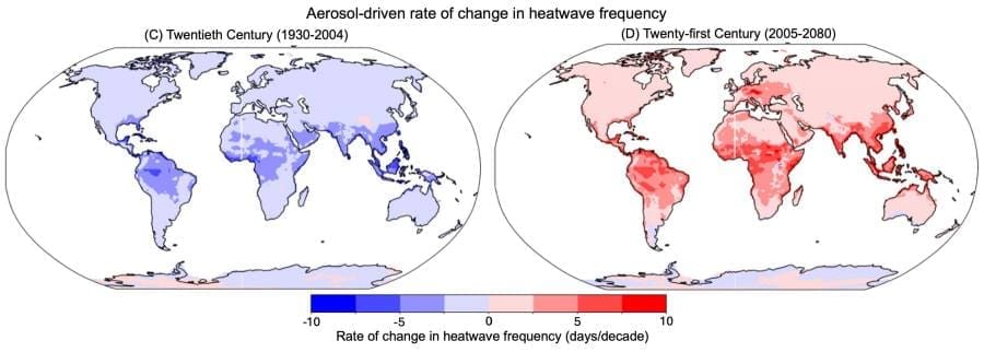 Image: Aerosols' influence on heatwave change in the 20th and 21st century