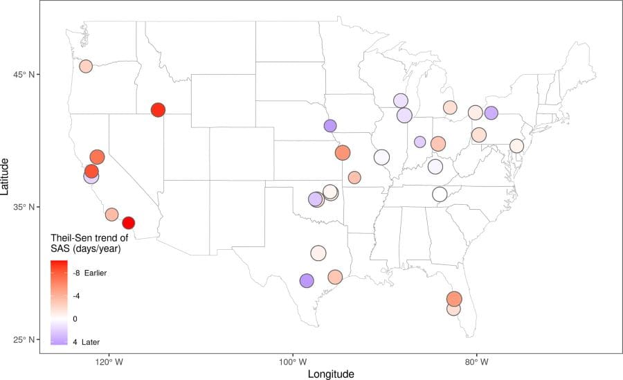 Climate Science Digest: July 1, 2025 Image: Map of fungal spore allergy season change