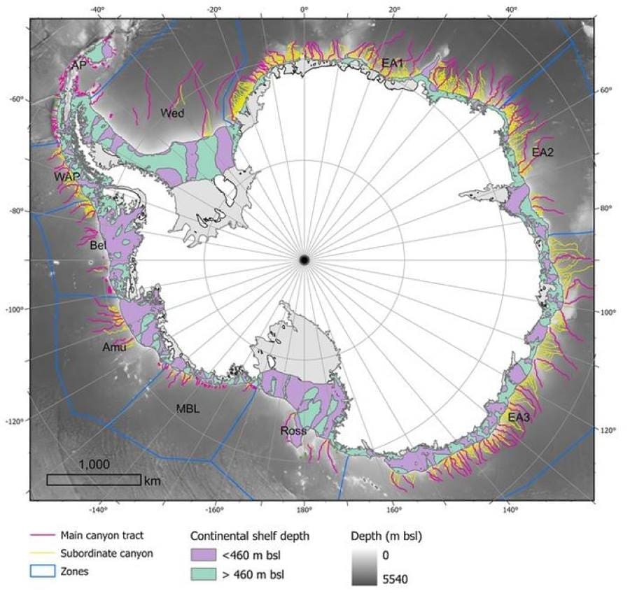 Most detailed map of Antarctic submarine canyons reveals climate role Image: Map of Antarctica (s. submarine canyons, climate)