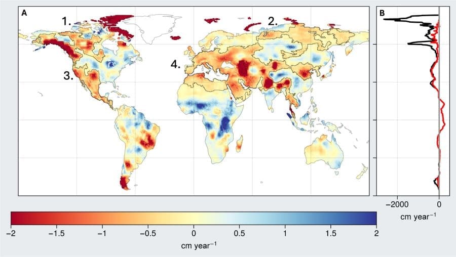 Continental drying is accelerating global freshwater loss, satellite data shows Image: Global map of long-term TWS trends from GRACE/FO (s. freshwater loss)