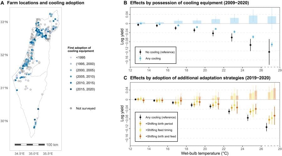 Heatwaves slash milk yields despite cooling tech, study finds Image: Graphic - High-frequency data reveal limits of adaptation to heat in animal agriculture (s. milk production, heatwaves, climate change)