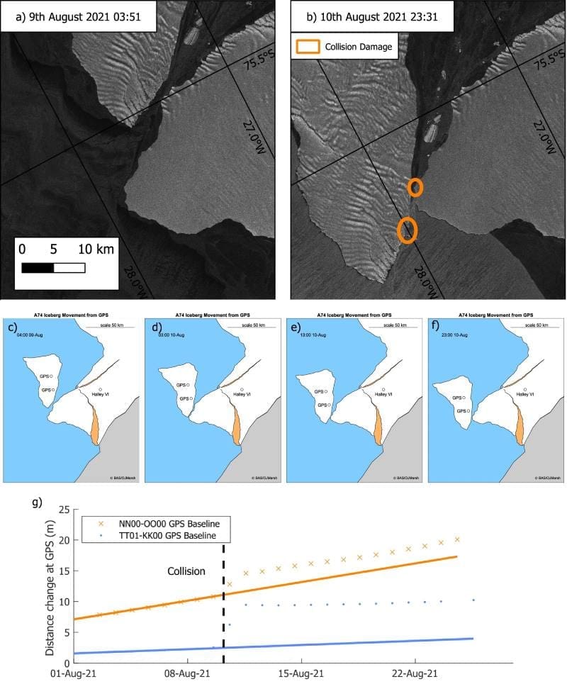 Tides linked to timing of massive Antarctic iceberg break-offs Image: Iceberg collision with the ice shelf in 2021