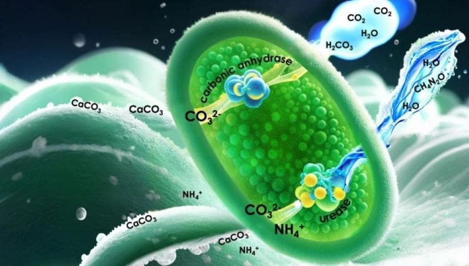Microbe turns CO₂ into stone using clean mineralization pathway Image: Illustration of urease and CA-induced MICP in B. megaterium using urea and CO₂ as reactants, respectively