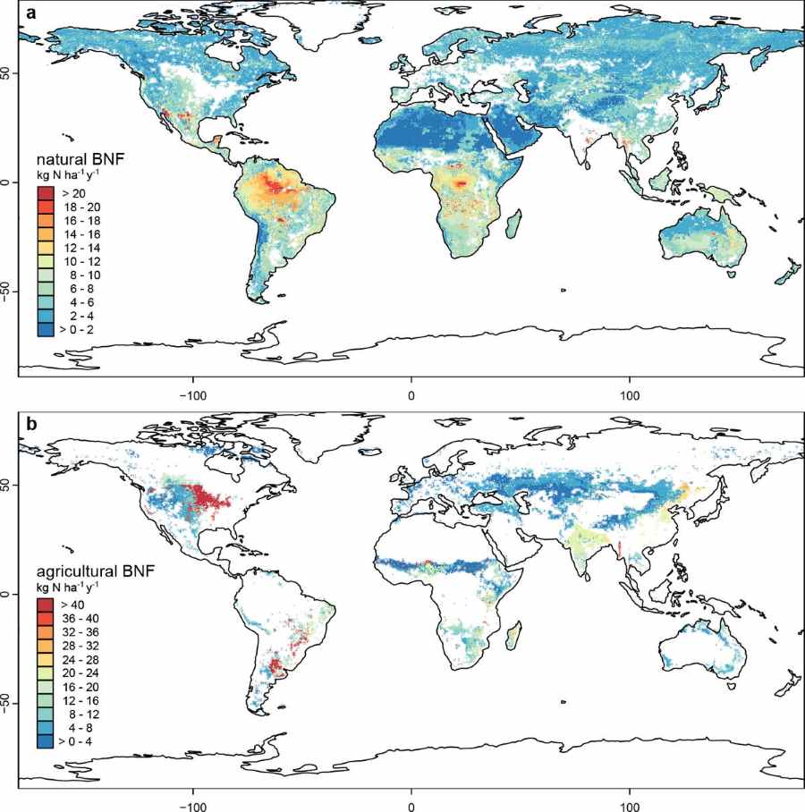 Climate Science Digest: July 17, 2025 Image: Rates of biological nitrogen fixation in natural (top) and agricultural ecosystems