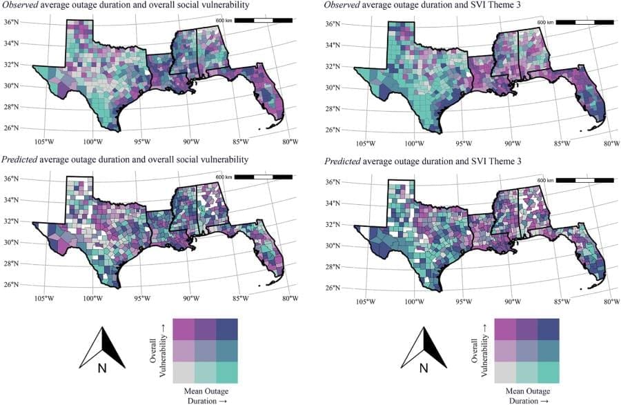 Climate Science Digest: July 23, 2025 Image: Observed and predicted outage duration by overall social vulnerability index (SVI) and SVI Theme 3 Racial and Ethnic Minority Status