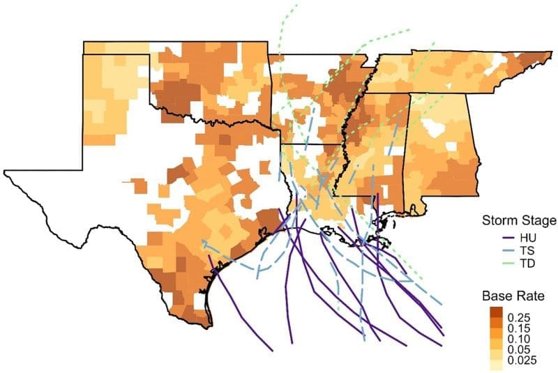 Image: Spatial relationship between average corn crop insurance base premium rates and hurricane incidence in the Mississippi Delta region (2002–2021)