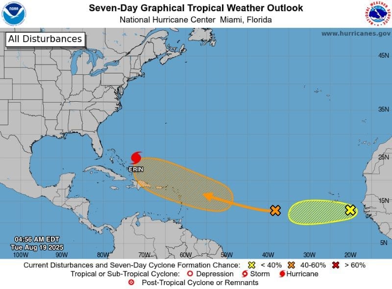 Hurricane Erin douses Caribbean, menaces US coast Image: Atlantic 7-Day Graphical Tropical Weather Outlook (s. 19 Aug 2025, Hurricane Erin)
