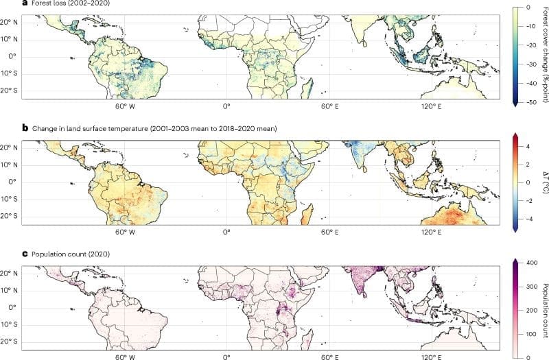 Deforestation linked to thousands of heat-related deaths in the tropics Image: Forest loss, surface warming and population distribution across the tropics
