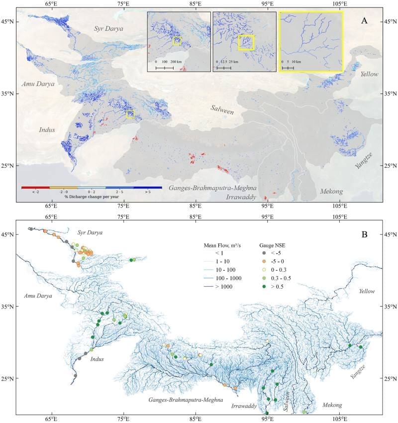 Image: Spatial patterns of river discharge for ∼114,000 reaches across 9 HMA basins (s. melting glaciers. rivers)