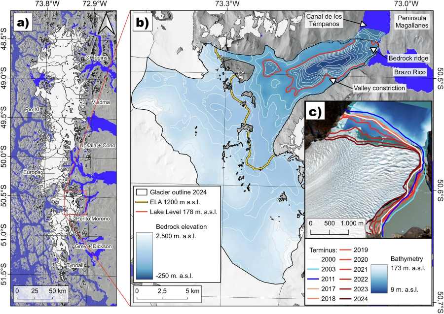 Image: The Southern Patagonian Icefield and the location of Glaciar Perito Moreno, its bedrock topography and frontal change 