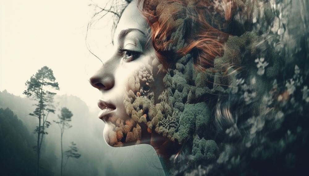 Solastalgia may contribute to mental health issues linked to climate change Image: Young adult woman in forest surreal beauty generated by AI