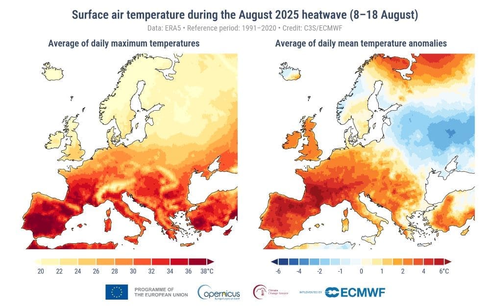 Image of the day: August 2025, the third-warmest August on record globally Image: Surface air temperature during August 2025 heatwave (8–18 August), Europe