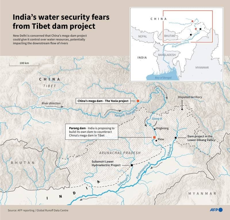 Image: Infographic map showing the main mega dam projects in India's Arunachal Pradesh state and Tibet region of China