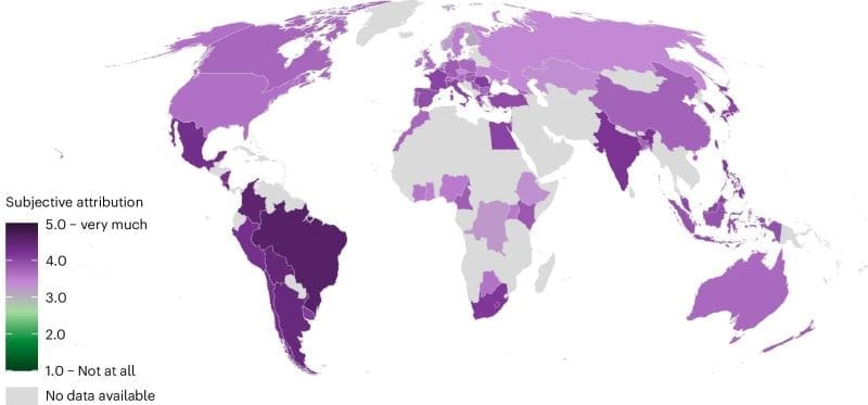 Climate Science Digest: September 28, 2025 Image: Subjective attribution of extreme weather events to climate change (mean index) over the past decades