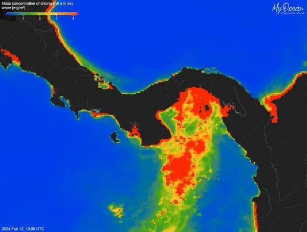 Climate Science Digest: September 2, 2025 Image: The maps show chlorophyll-a in seawater increasing in concentration from green to red (Gulf of Panama)
