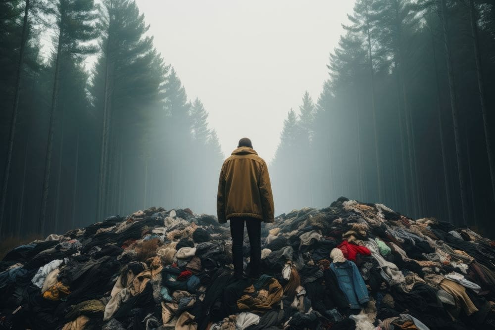 EU clamps down on food waste, fast fashion Image: Close up on man in front of clothing piles (AI Gen.)